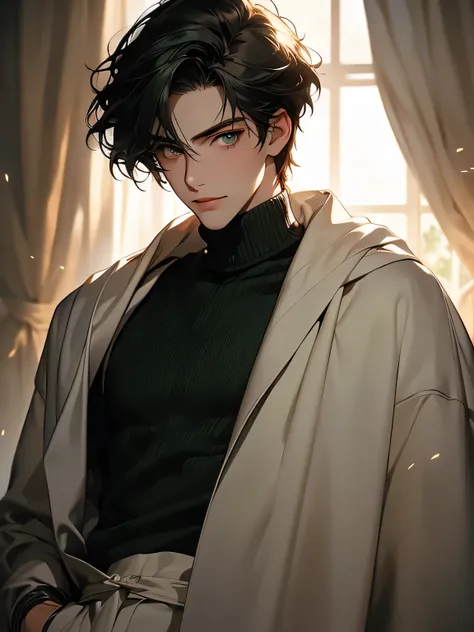 (best quality), 1boy, pale skin, black hair, medium hair, curtain hair, tousled hair, dark green eyes, perfect eyes, dark circles under eyes, handsome, light smile, attractive, turtleneck sweater, masterpiece, anatomically correct, highres
