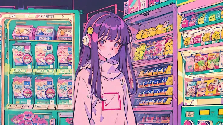 Anime girl standing in front of a vending machine with a robot inside, Anime aesthetics, Lo-fi Girl, Cute aesthetics, Lo-fi Girl aesthetic, Anime atmosphere, Anime aesthetics, Soft anime illustration, Dreamy psychedelic anime, 9 0 s Anime aesthetics, Anime...