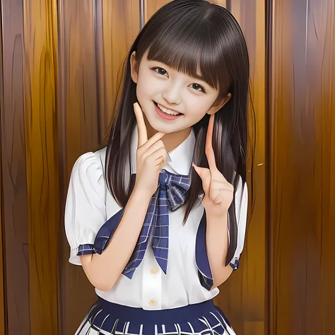 (Highest quality, masterpiece:1.2), Highest quality, High resolution, 1080P, 8k, height: 158cm, (School-uniform beautiful 13yo girl models are smiling nobly in a young girls fashion magazines page, promoting school uniform designed by Japanese school-wear ...