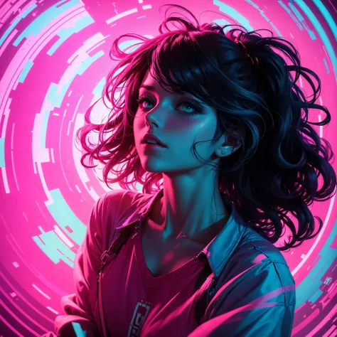 Woman in glitched pose, hair distorting, and clothes convulsing, set against a vibrant, swirly 1980s-inspired background echoing teal and pink disco hues reminiscent of Alphonse Muchas dynamic illustrations and WLOPs distinctive style. Incorporating 3D ani...