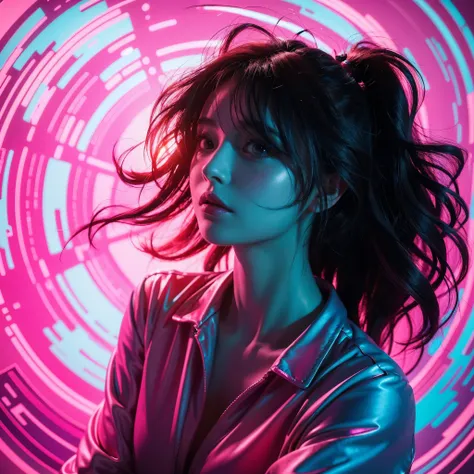 Woman in glitched pose, hair distorting, and clothes convulsing, set against a vibrant, swirly 1980s-inspired background echoing teal and pink disco hues reminiscent of Alphonse Muchas dynamic illustrations and WLOPs distinctive style. Incorporating 3D ani...