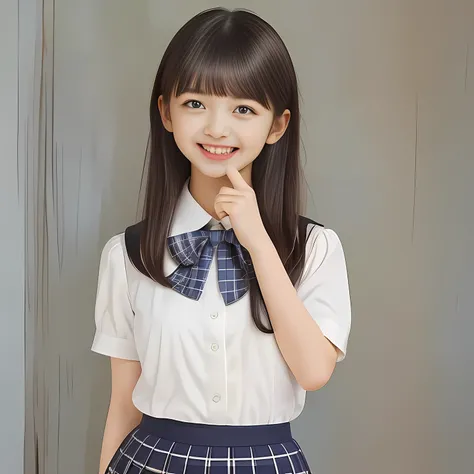 (Highest quality, masterpiece:1.2), Highest quality, High resolution, 1080P, 8k, height: 158cm, (School-uniform beautiful 13yo girl models are smiling nobly in a young girls fashion magazines page, promoting school uniform designed by Japanese school-wear ...