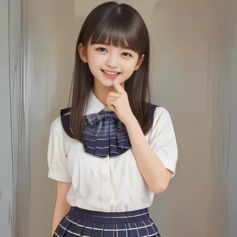 (Highest quality, masterpiece:1.2), Highest quality, High resolution, 1080P, 8k, height: 158cm, (School-uniform beautiful 13yo girl models are smiling nobly in a young girls fashion magazines page, promoting school uniform designed by Japanese school-wear ...