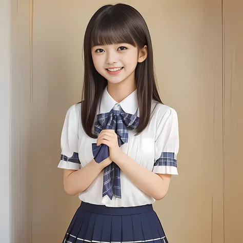 (Highest quality, masterpiece:1.2), Highest quality, High resolution, 1080P, 8k, height: 158cm, (School-uniform beautiful 13yo girl models are smiling nobly in a young girls fashion magazines page, promoting school uniform designed by Japanese school-wear ...