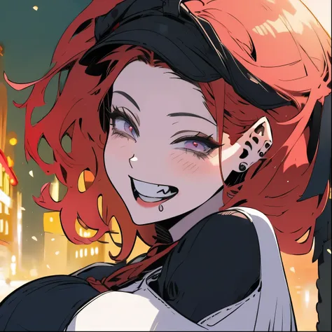 arafed woman with red hair and piercings sitting on a bench, 4k anime style, [[[[grinning evily]]], anime badass 8 k, evil smile...