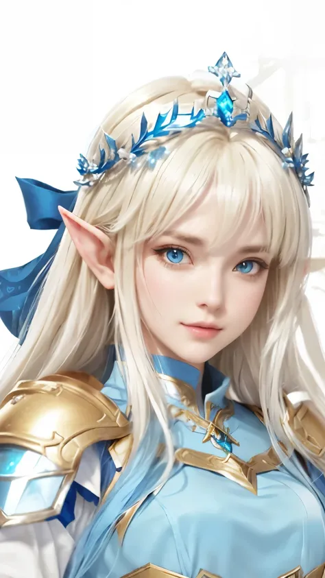 A woman in a blue dress holding a sword and a blue and gold helmet., alluring princess elf knight, clear portrayal of RPG, portrait of girls knights of the zodiac, princess elf knight, granblue fantasy, portrait of an Elf Queen, Elf Queen, portrait of a ge...