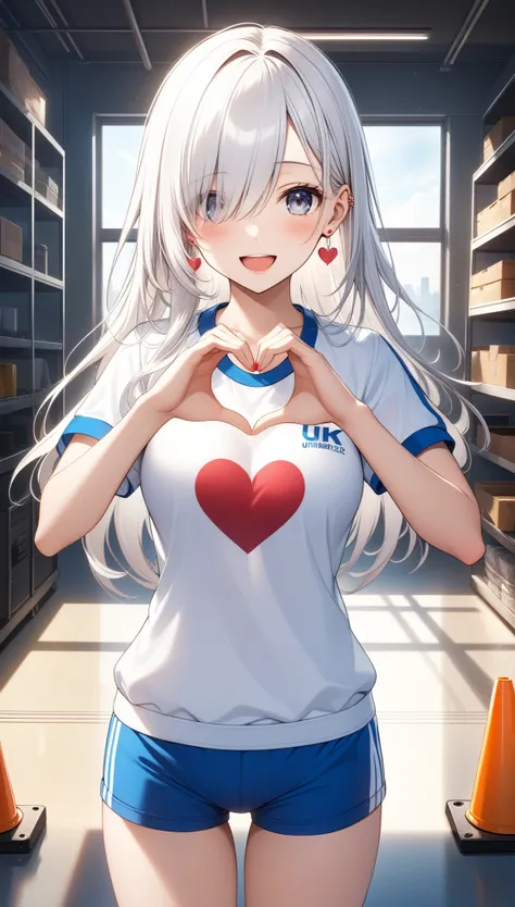 1girl, solo, long hair, looking at viewer, blush, smile, open mouth, jewelry, medium breasts, standing, collarbone, white shirt, white hair, short sleeves, :d, indoors, hair over one eye, grey eyes, window, gym uniform, heart hands, heart earrings, gym shi...