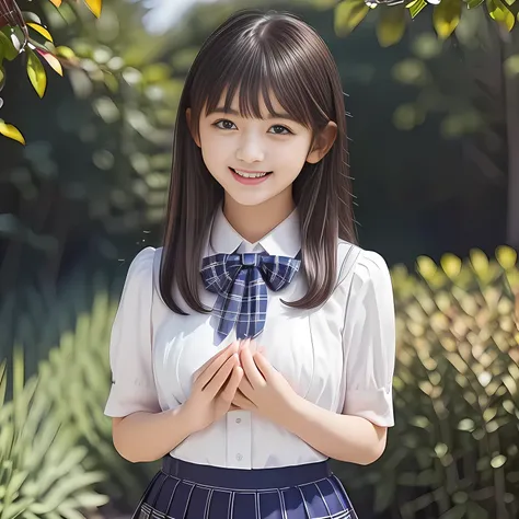 (Highest quality, masterpiece:1.2), Highest quality, High resolution, 1080P, 8k, height: 158cm, (School-uniform beautiful 13yo girl models are smiling nobly in a young girls fashion magazines page, promoting school uniform designed by Japanese school-wear ...