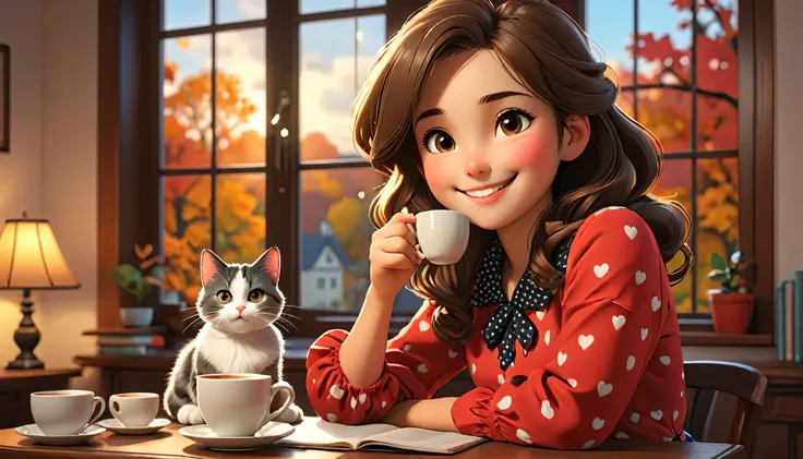 "((Lo-Fi drawing style: 1.5)), a heart-warming and highly detailed 3D rendered illustration of an anime-style young woman sitting at a table at home, smiling and drinking coffee with a fluffy adult cat snuggled up next to her. She is wearing a playful polk...