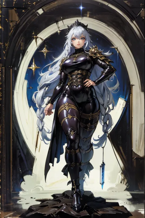 (best lighting) (best quality, masterpiece:1.2), (absurdres), 4k, (detailed eyes), (detailed face), woman, long silver hair, curvy, fantasy fashion, fantasy, noble, black outfit, solo, cinematic, soft lighting, centred, bold background, full body wide shot