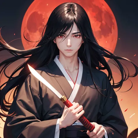 man, male face, male physique,long black hair, man,kimono, monochromatic, the temple, dynamic camera angles, beautiful anime style, clean and gentle face, Red eyes, with katana , similar colors, bright shadows, beautiful gradient, depth of field, red moon,...