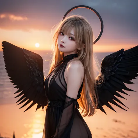 ((red halo hovers above head)), realistic,, alluring halo, japanese blonde hair wavy in the end, ((transparent black dress)), ((bigger black pupil)) ((multiple Black Wings)), korean girl, flat chest, (beautiful bang), dark atmosfer, (perfect hand), (sunset...