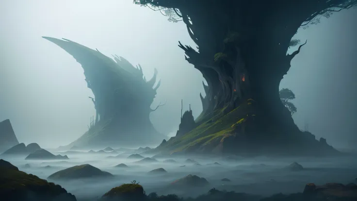 hard fog, surreal nature elements, fantasy elements
