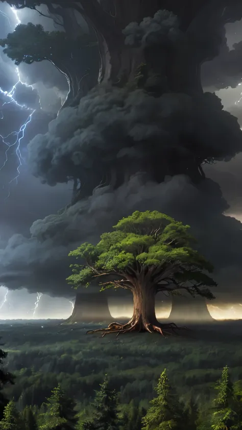 big old tree, storm theme, forest background,