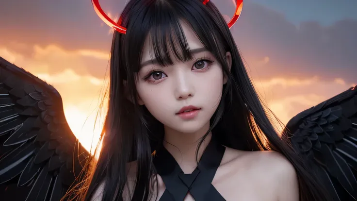 ((red halo hovers above head)), realistic,, alluring halo, japanese blonde hair wavy in the end, ((transparent black dress)), ((bigger black pupil)) ((multiple Black Wings)), korean girl, flat chest, (beautiful bang), dark atmosfer, (perfect hand), (sunset...