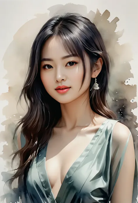 girl，ink painting，Loose brushstrokes，delicate lines，flowing action，Subtle ink tones，elegant posture，A peaceful expression，Delicate facial features,kodew