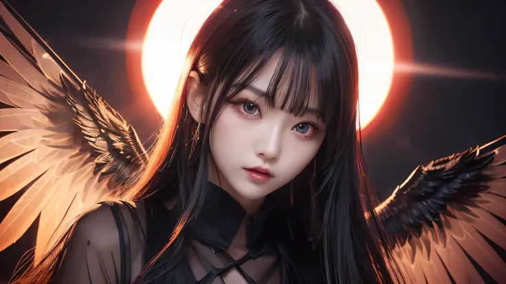 ((red halo hovers above head)), realistic,, alluring halo, japanese blonde hair wavy in the end, ((transparent black dress)), ((bigger black pupil)) ((multiple Black Wings)), korean girl, flat chest, (beautiful bang), dark atmosfer, ((perfect pose hand)), ...