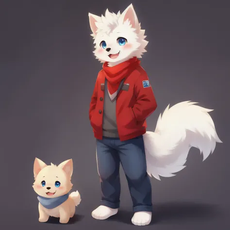 Samoyed, boy, cute, blush, happy face, Blue eyes, red jacket, jeans, scarf, Standing, Barefoot,