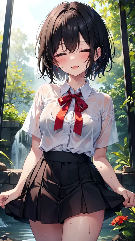 High school girl 1,Close your eyes,Open your mouth wide,Short Hair,Black Hair,skirt,smile,Sweaty,Wet,Stand up,front,forest,Red ribbon,