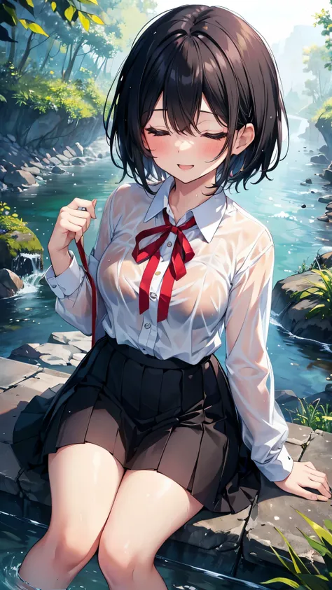 High school girl 1,Close your eyes,Open your mouth wide,Short Hair,Black Hair,skirt,smile,Sweaty,Wet,front,forest,Red ribbon,sit,river,