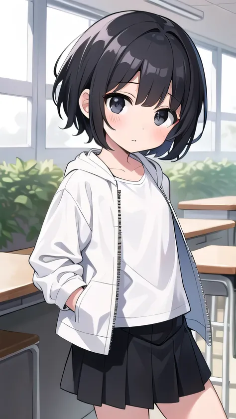 Black hair, short cut, kind face, modest personality, round head, sagging eyes, droopy eyes, girl, elementary school student, a little thin, jacket too big, white jacket, white T-shirt, pink miniskirt, black hair, bangs A little short, black eyes,flat ches...