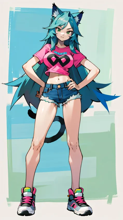 Masterpiece, Best quality, Masterpiece, Best quality, 1 woman, green eyes, Cat ears, Long blue hair with pink stripes, gray t-shirt , Sly face, Denim shorts, Belly, Big breasts, Long legs, sneakers , Hands on hips