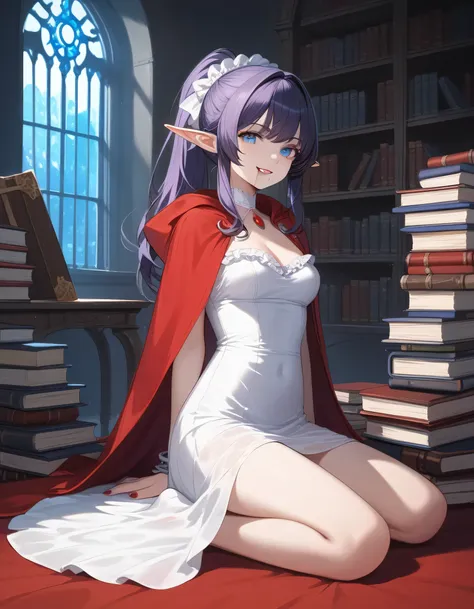 arafed a picture of elf vampire in her castle. an exquisite beautiful female elf vampire (ultra details, Masterpiece, best quality), bloody mouth, purple hair, pale skin, hair in a ponytail, long hair, blue eyes, small pointed ears, cold eyes, smirking, we...