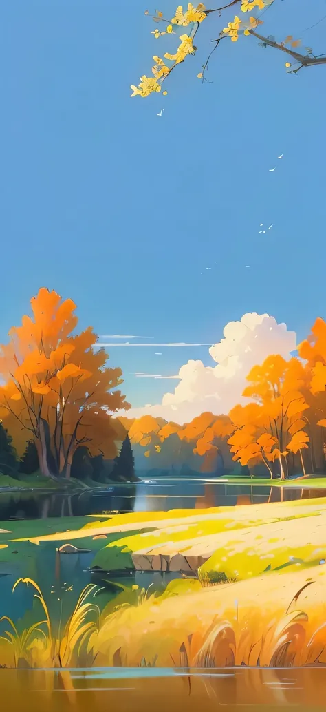 There is a painting，There is a beautiful lake scene in the painting, Detailed view - width 672, Artie Guerin 8K, Landscape Artwork, Beautiful art uhd 4k, Background Art, Background Artwork, Low Detail. Digital Painting, inspired By Artie Guerin, Anime art ...