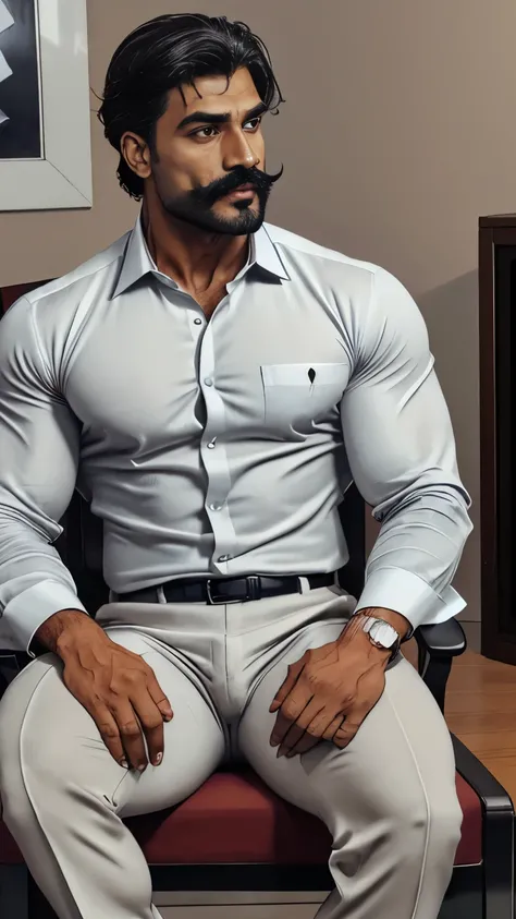 A indian desi muscular daddy man with little beared with handlebar mustache weared white shirt and grey trouser, formal shoes and socks, very realistic, romance novel cover, very very realistic, comic digital art, really realistic, kiss, photorealistic ill...