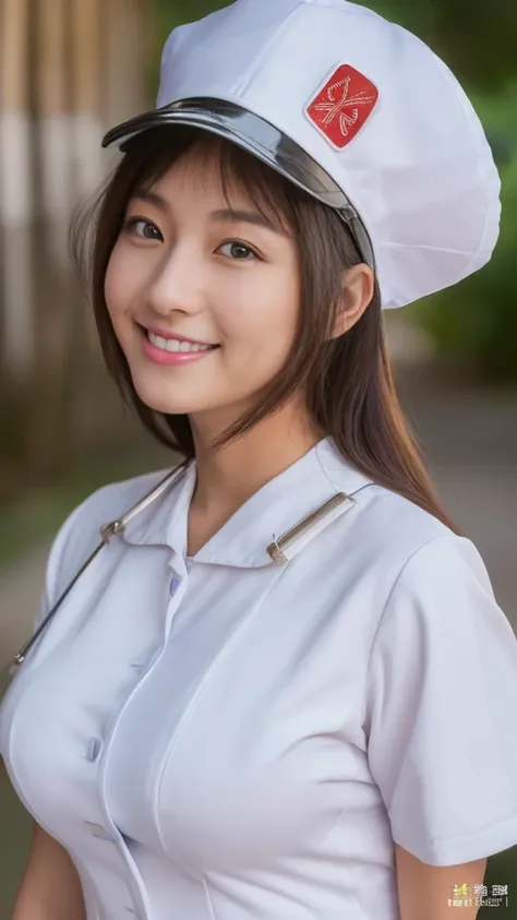 (8k, best quality, masterpiece, photorealistic, ultrarealistic, real person:1.2), (beautiful Japanese woman, Asian face, Nurse, large breasts, smile:1.2), (wearing white Nurses uniform, Nurses cap :1.5),