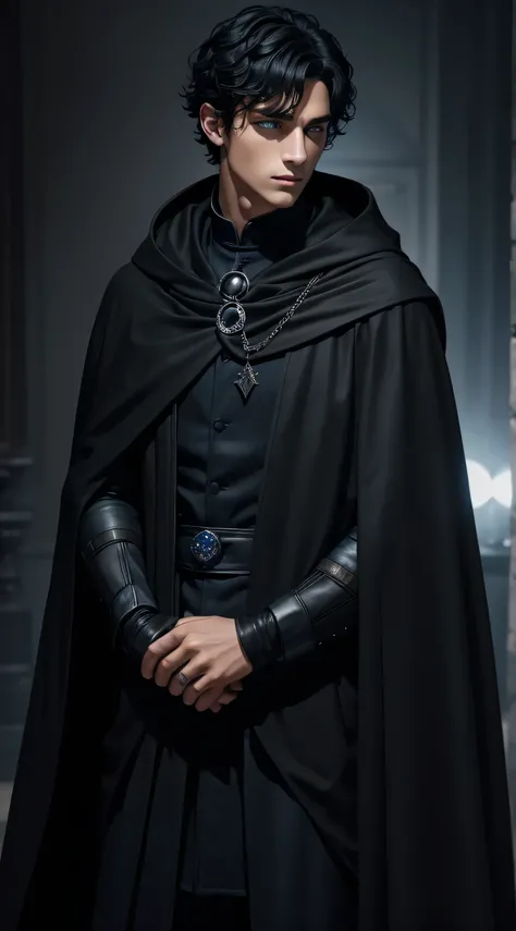 A young man, short black hair, dark blue eyes, wearing a black cloak, holding a black curl with dark blue crystal 