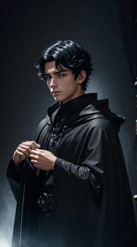 A young man, short black hair, dark blue eyes, wearing a black cloak, holding a black curl with dark blue crystal 