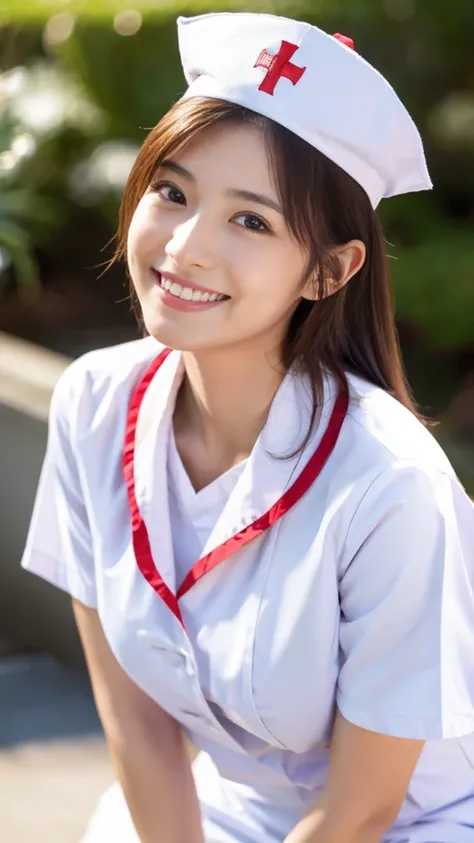 (8k, best quality, masterpiece, photorealistic, ultrarealistic, real person:1.2), (beautiful Japanese woman, Asian face, Nurse, large breasts, smile:1.2), (wearing white Nurses uniform, Nurses cap :1.5),