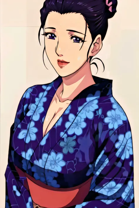 Simple Background,White Background,
purple kimono,floral print,japanese clothes,wide sleeves,long sleeves,
cleavage,
purple eyes, black hair,bangs,hair bun,
1 girl,Young female,Beautiful long legs,Beautiful body,
Beautiful Nose,Beautiful character design,...