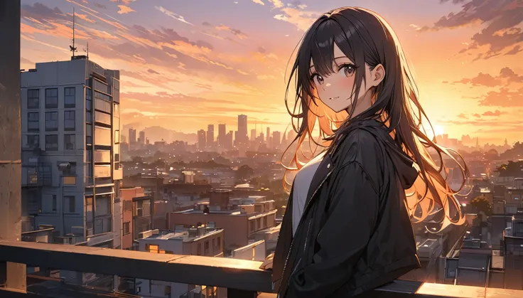 Best Quality,Sunset,In the city,girl