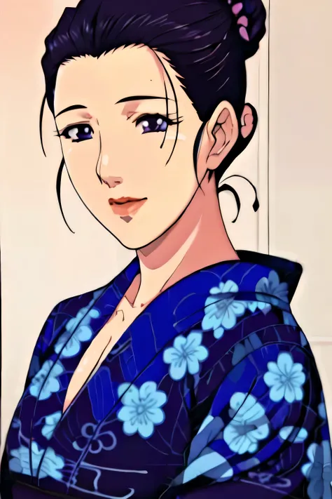 Simple Background,White Background,
purple kimono,floral print,japanese clothes,wide sleeves,long sleeves,
cleavage,
purple eyes, black hair,bangs,hair bun,
1 girl,Young female,Beautiful long legs,Beautiful body,
Beautiful Nose,Beautiful character design,...