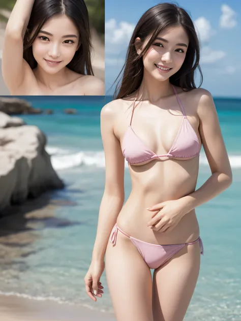 (Highest quality、Highest quality、Ultra-high resolution)、(Original photo、Photorealistic:1.4)、(Flat chest、Small breasts:1.5)、nsfw,navel,naked,Beautiful woman walking on the beach、20 years old、solo、Perfect Style、Narrow waist、Small Ass、Small Face、Thin eyebrows...