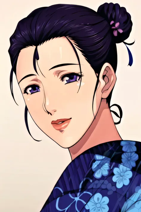Simple Background,White Background,
purple kimono,floral print,japanese clothes,wide sleeves,long sleeves,
cleavage,
purple eyes, black hair,bangs,hair bun,
1 girl,Young female,Beautiful long legs,Beautiful body,
Beautiful Nose,Beautiful character design,...