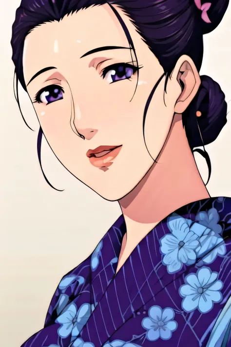 Simple Background,White Background,
purple kimono,floral print,japanese clothes,wide sleeves,long sleeves,
cleavage,
purple eyes, black hair,bangs,hair bun,
1 girl,Young female,Beautiful long legs,Beautiful body,
Beautiful Nose,Beautiful character design,...