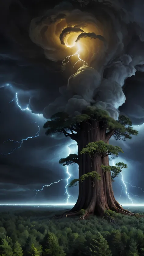 big old tree, storm theme, forest background, tornado