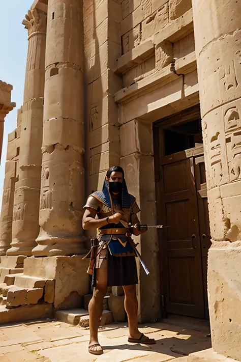 A man stand with sword in front of ancient egyptian building. 