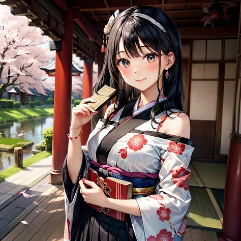 A cute young woman wearing a modern off-shoulder dress with a mini skirt that incorporates traditional Japanese patterns is smiling while holding an old history book. The exposed shoulders and mini skirt highlight her youthfulness and vibrancy. Her long bl...