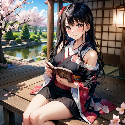 A cute young woman wearing a modern off-shoulder dress with a mini skirt that incorporates traditional Japanese patterns is smiling while holding an old history book. The exposed shoulders and mini skirt highlight her youthfulness and vibrancy. Her long bl...