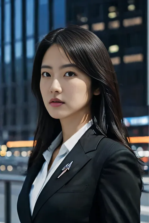 1girl,looking directly at camera,solo,giantess, city, cityscape,   long hair, looking at viewer, black hair, ((suit)),solo, portrait , upper body, ((masterpiece)),masterpiece, best quality,