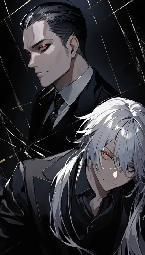 one, Wearing an elegant black suit，Reminiscent of classic mafia attire, Occupies the center of the picture. His silver hair shines, It contrasts sharply with his dark attire.. A white mask covered his face., Only his eyes are left to penetrate the darkness...