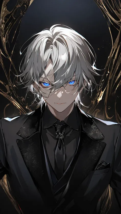 one, Wearing an elegant black suit,Reminiscent of classic mafia attire, Occupies the center of the picture. His silver hair shines, It contrasts sharply with his dark attire.. A white mask covered his face., Only his eyes are left to penetrate the darkness...