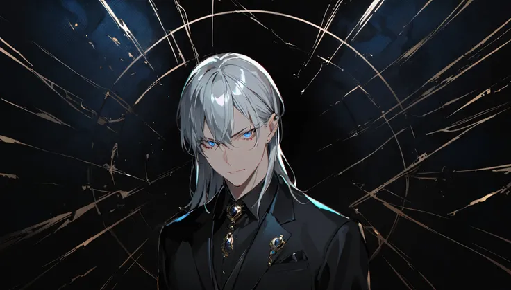 one person, Wearing an elegant black suit，Reminiscent of classic mafia attire, Occupies the center of the picture. His silver hair shines, It contrasts sharply with his dark attire.，Eyes piercing the darkness. These eyes are a mesmerizing blue, Shining wit...