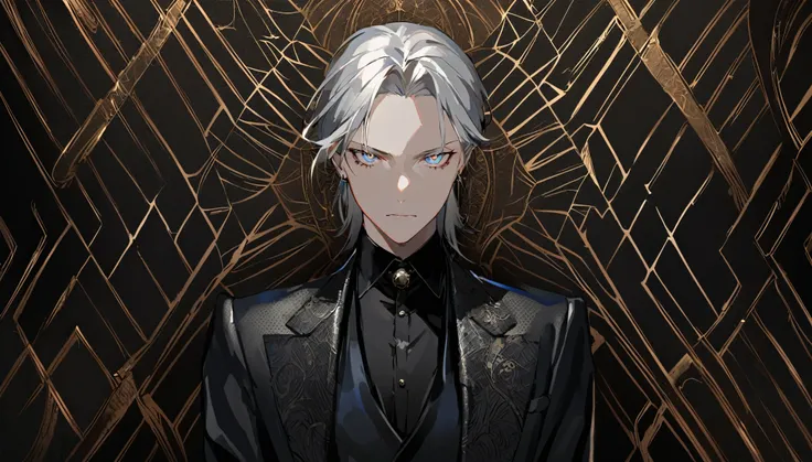 one person, Wearing an elegant black suit，Reminiscent of classic mafia attire, Occupies the center of the picture. His silver hair shines, It contrasts sharply with his dark attire.，Eyes piercing the darkness. These eyes are a mesmerizing blue, Shining wit...