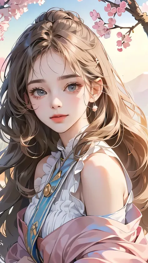 (table top, digital illustration, 4k, 8k, Super detailed, beautiful images, clear image, perfect face, perfect lines, perfect eyes, soft lighting) 1 female, (gray long wavy hair, innocent look, look at viewer, side view,Over-the-shoulder ,Thin Eyebrows ,dr...