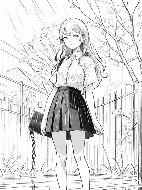 1girl,Line Art,monochrome,sketch,Pencil drawing,traditional media,1girl, black skirt, branch, building, chain-link fence, cherry blossoms, fence, long hair, outdoors, petals, pleated skirt, rain, shirt, short sleeves, skirt, solo, standing, tree,
sky,stree...